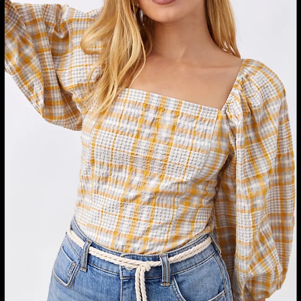 Anthropologie Maeve plaid square neck smocked blouse